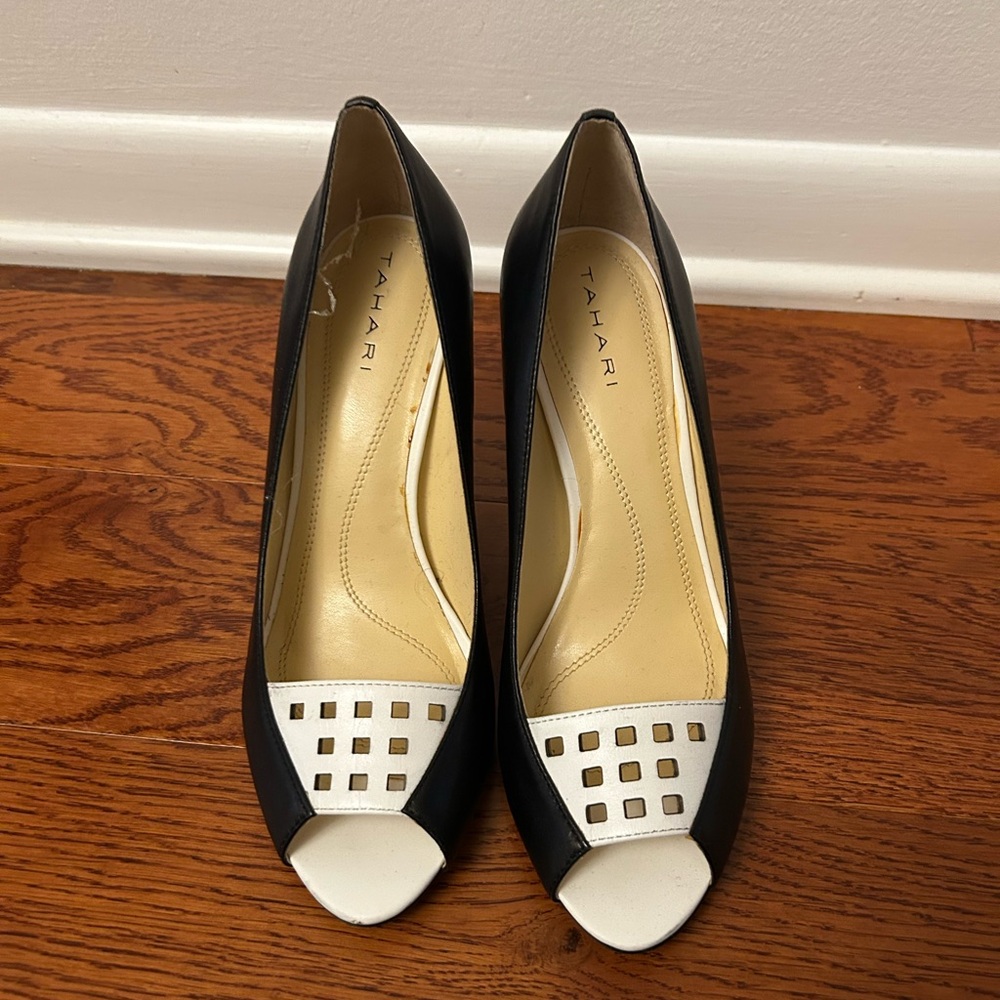 Tahari Black and White Cutout Peep Toe Heels